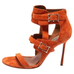 Valentino Orange Suede Buckle Detail Ankle Wrap Sandals Size 37.5