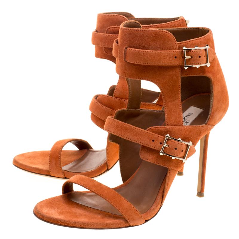 Valentino Orange Suede Buckle Detail Ankle Wrap Sandals Size 39.5 1