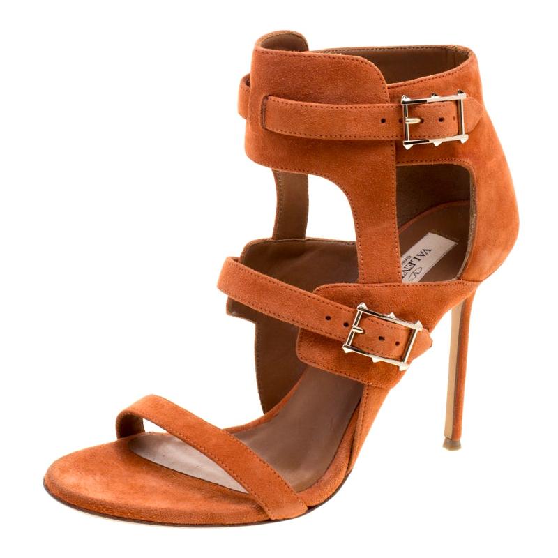 Valentino Orange Suede Buckle Detail Ankle Wrap Sandals Size 39.5