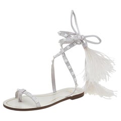 Valentino Ostrich Feather And Leather Flair Ankle Tie Up Sandals Size EU 37