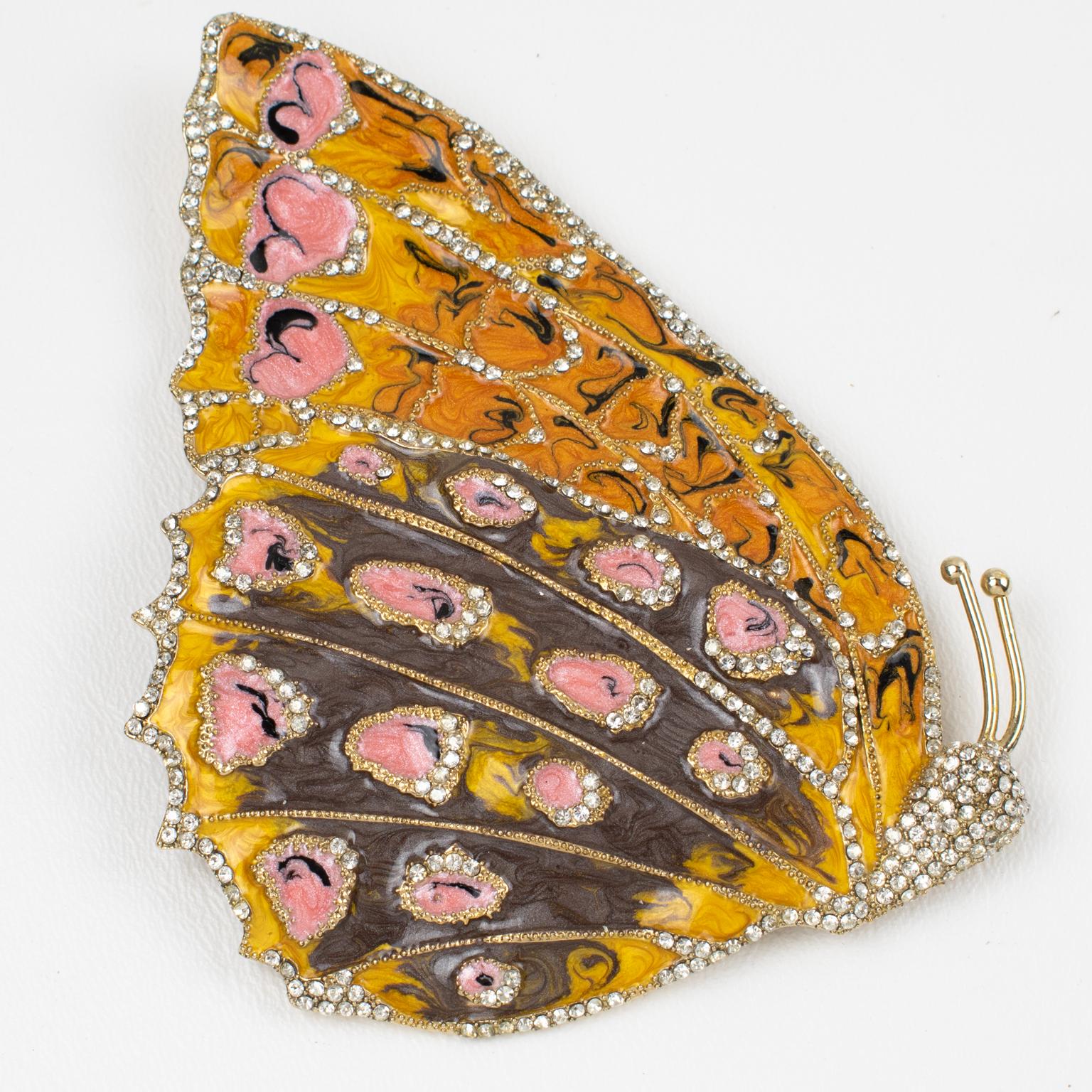 Refined Valentino Garavani couture pin brooch. Huge dimensional gilt metal butterfly shape, all covered with orange, brown, yellow, and pink enamel and ornate with tiny crystal rhinestones. Security closing clasp. Valentino hallmark