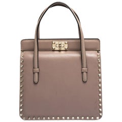 Valentino Pale Beige Leather Rockstud Frame Tote