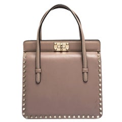 Valentino Pale Beige Leather Rockstud Frame Tote