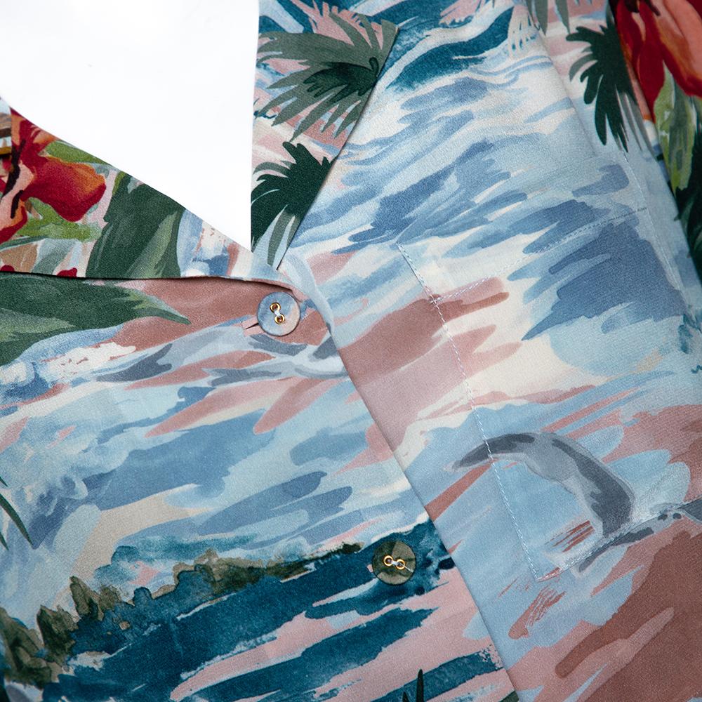 Gray Valentino Pale Blue Hawaiian Landscape Print Silk Shirt Dress M