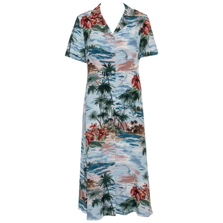 Valentino Pale Blue Hawaiian Landscape Print Silk Shirt Dress M