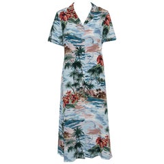 Valentino Pale Blue Hawaiian Landscape Print Silk Shirt Dress M