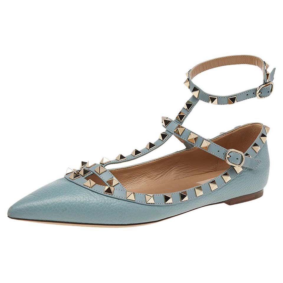 Valentino Pale Blue Leather Rockstud Ankle Strap Ballet Flats Size 38.5 ...