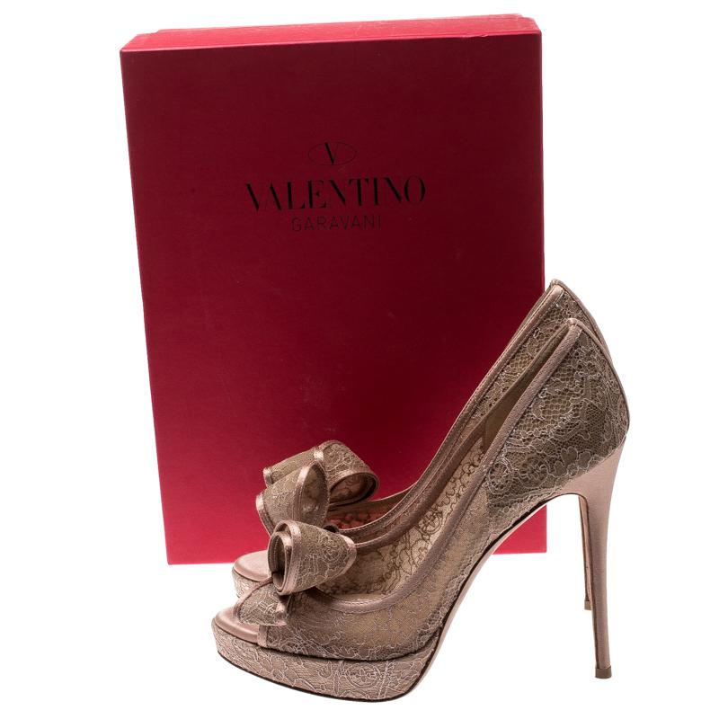 Valentino Pale Pink Floral Couture Bow Lace Peep Toe Platform Pumps Size 38 2