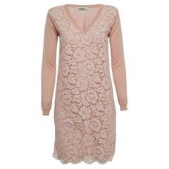 Valentino Pale Pink Floral Lace & Wool Knit Long Sleeve Dress S
