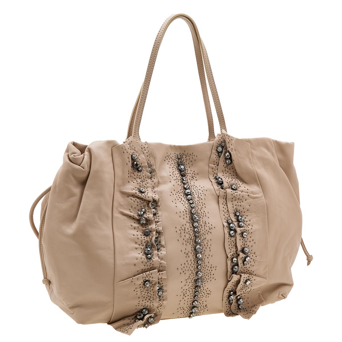 Valentino Pale Pink Leather Crystal Embellished Tote In Good Condition In Dubai, Al Qouz 2