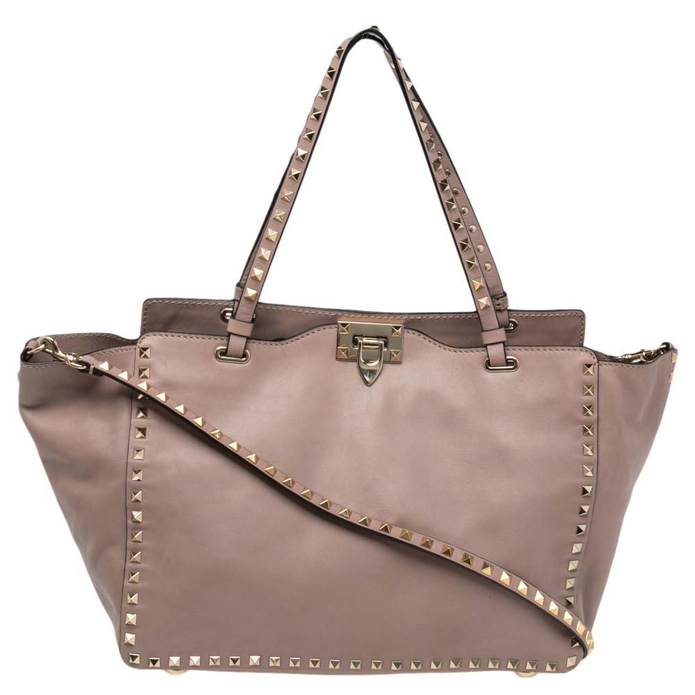 Brown Valentino Pale Pink Leather Medium Rockstud Tote