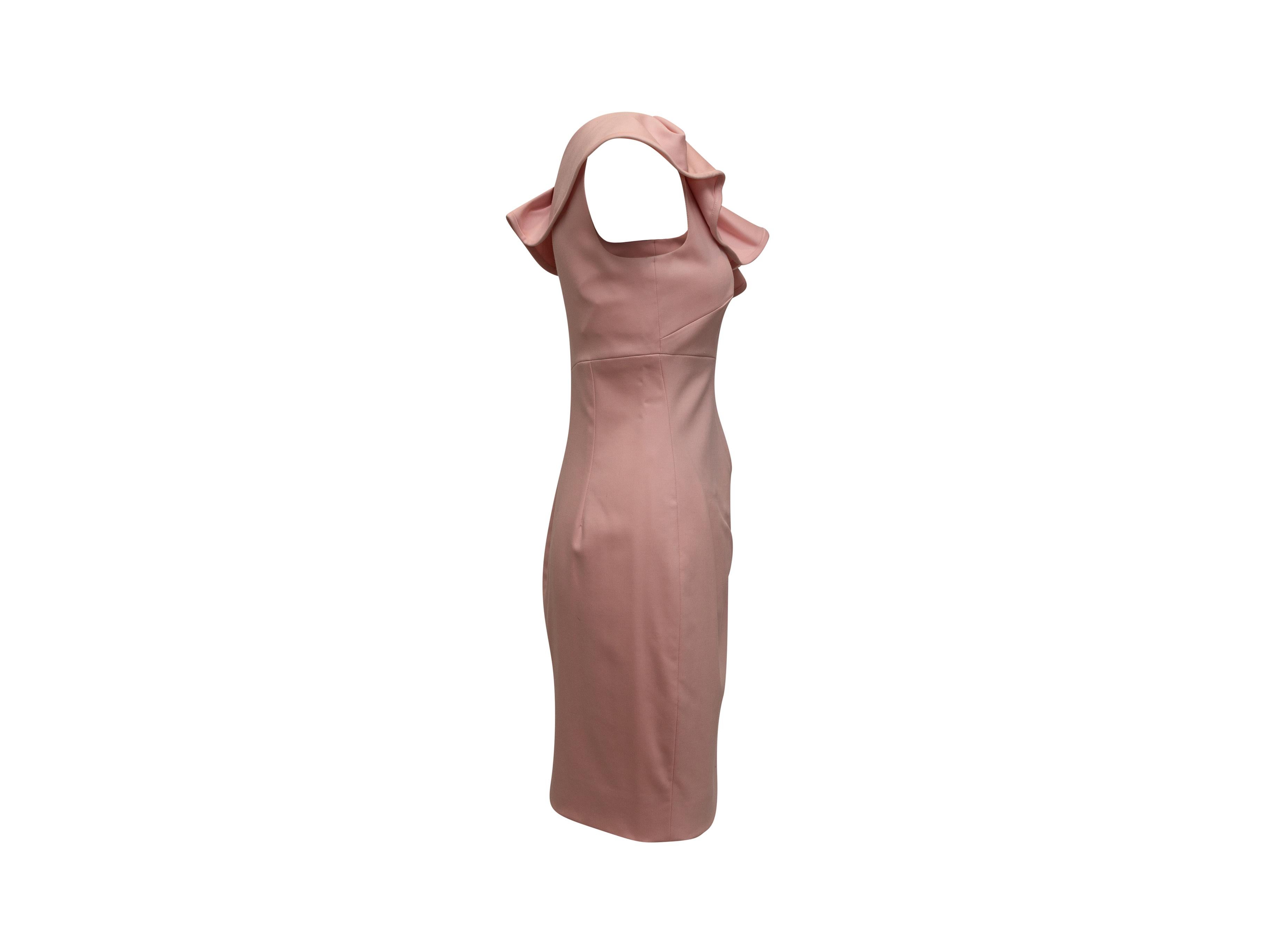 Product details: Pale pink virgin wool one-shoulder dress by Valentino Technocouture. Ruffle trim. 32