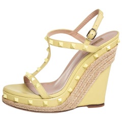 Valentino Pale Yellow Leather Rockstud T-Strap Wedge Platform Espadrille Sandals