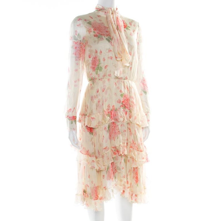 Valentino Pale Yellow Rose Printed Silk Tie Up Detail Tiered Dress S ...