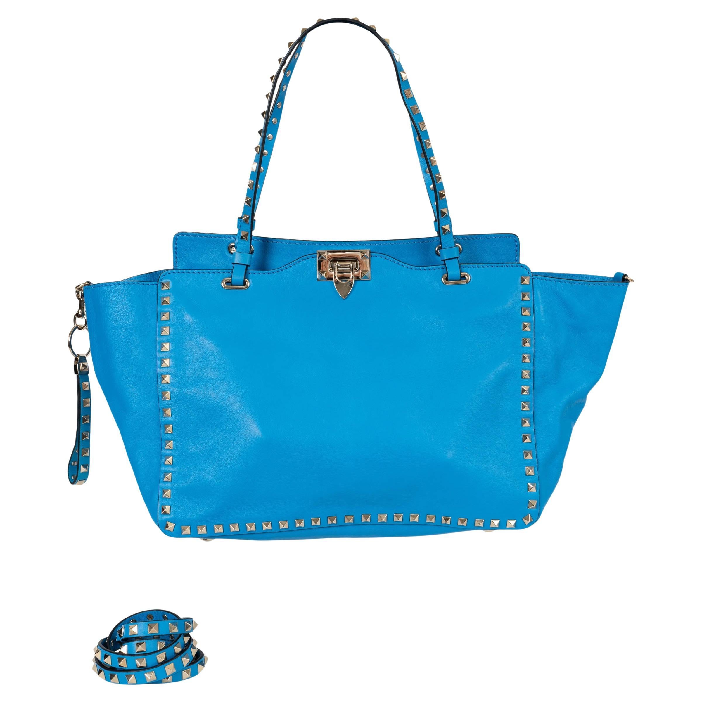 Valentino Pappagallo blu in pelle ROCKSTUD MEDIUM Tote Bag