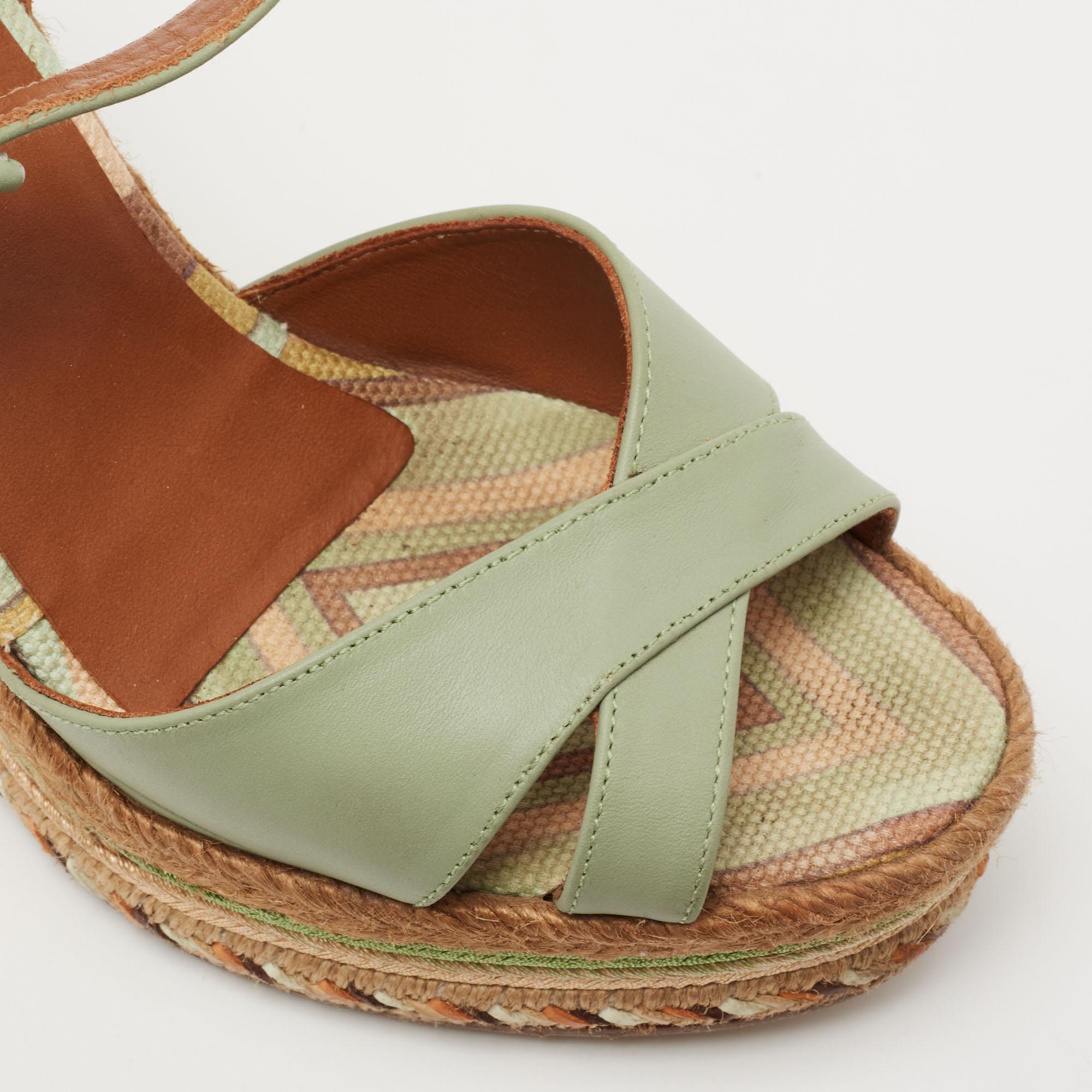 Brown Valentino Pastel Green Leather 1973 Espadrille Wedge Ankle-Strap Sandals Size 35