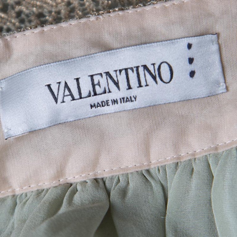 Valentino Pastel Green Metallic Floral Lace Overlay Gathered Waist Midi ...