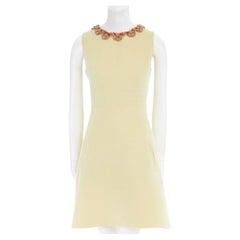 VALENTINO pastel yellow linen coral floral embellished neckline dress IT42 M