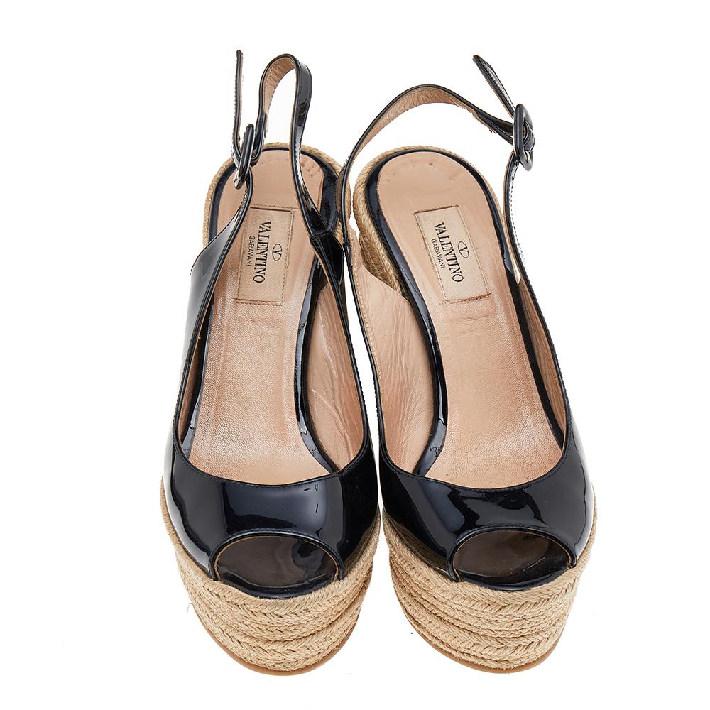 Beige Valentino Patent Leather Espadrilles Platform Wedge Slingback Sandals Size 38