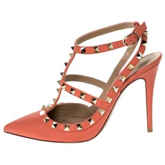 Valentino Peach Leather Rockstud Ankle Strap Sandals Size 38