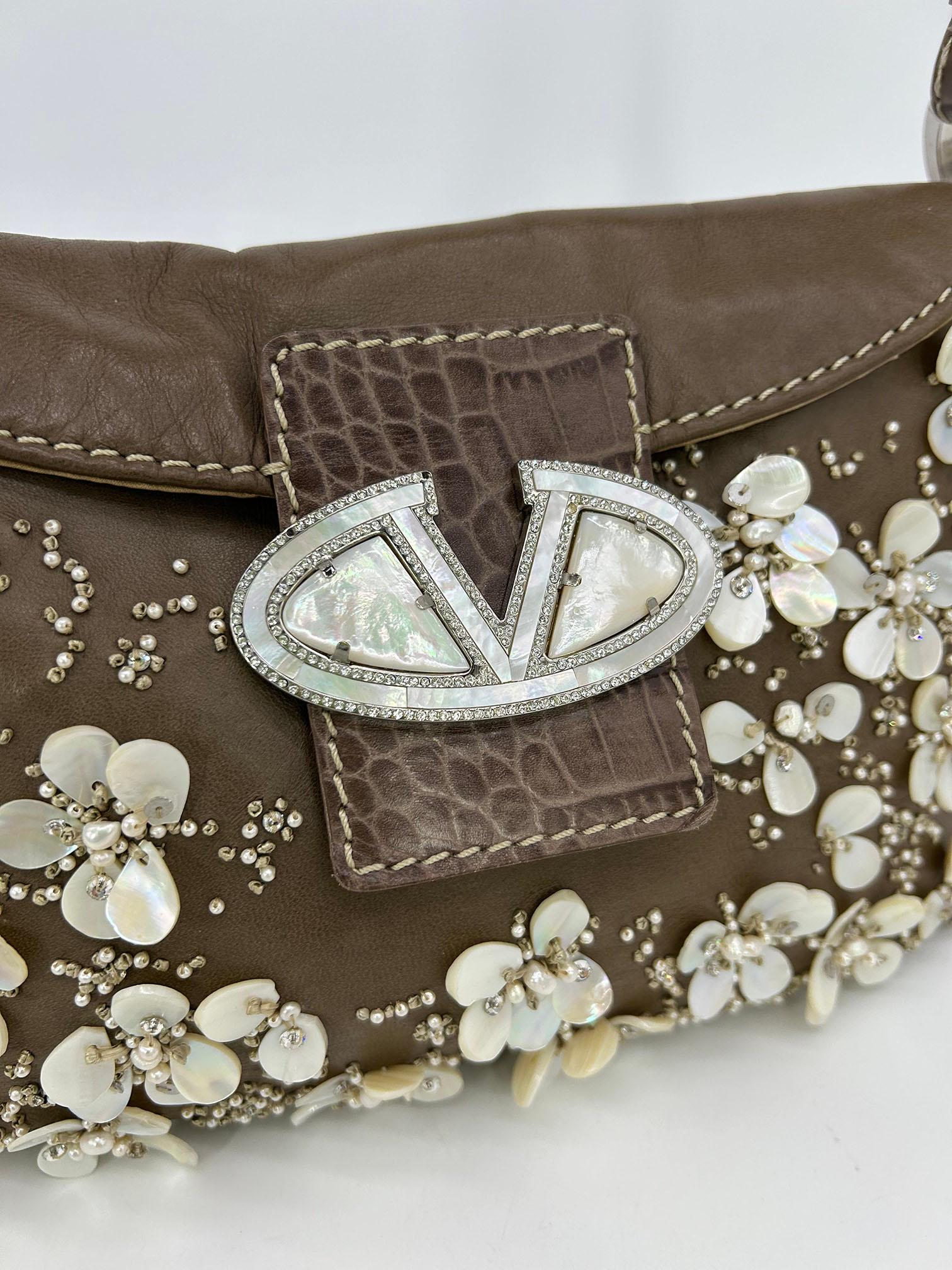 Women's Valentino Pearl Beaded Leather Crystal Shoulder Baguette For Sale