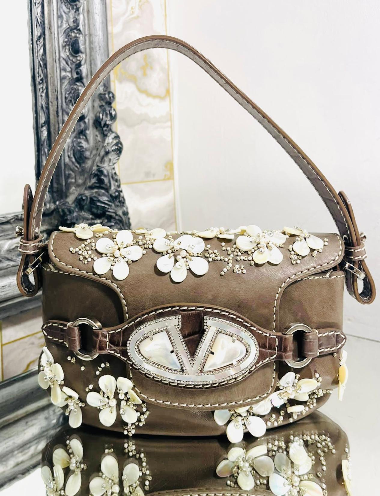 Valentino Pearl and Crystal Logo Flower Embellished Leather Bag at 1stDibs