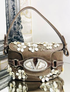 Valentino Pearl & Crystal Logo Flower Embellished Leather Bag