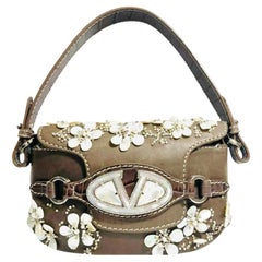 Valentino Pearl & Crystal Logo Flower Embellished Leather Bag