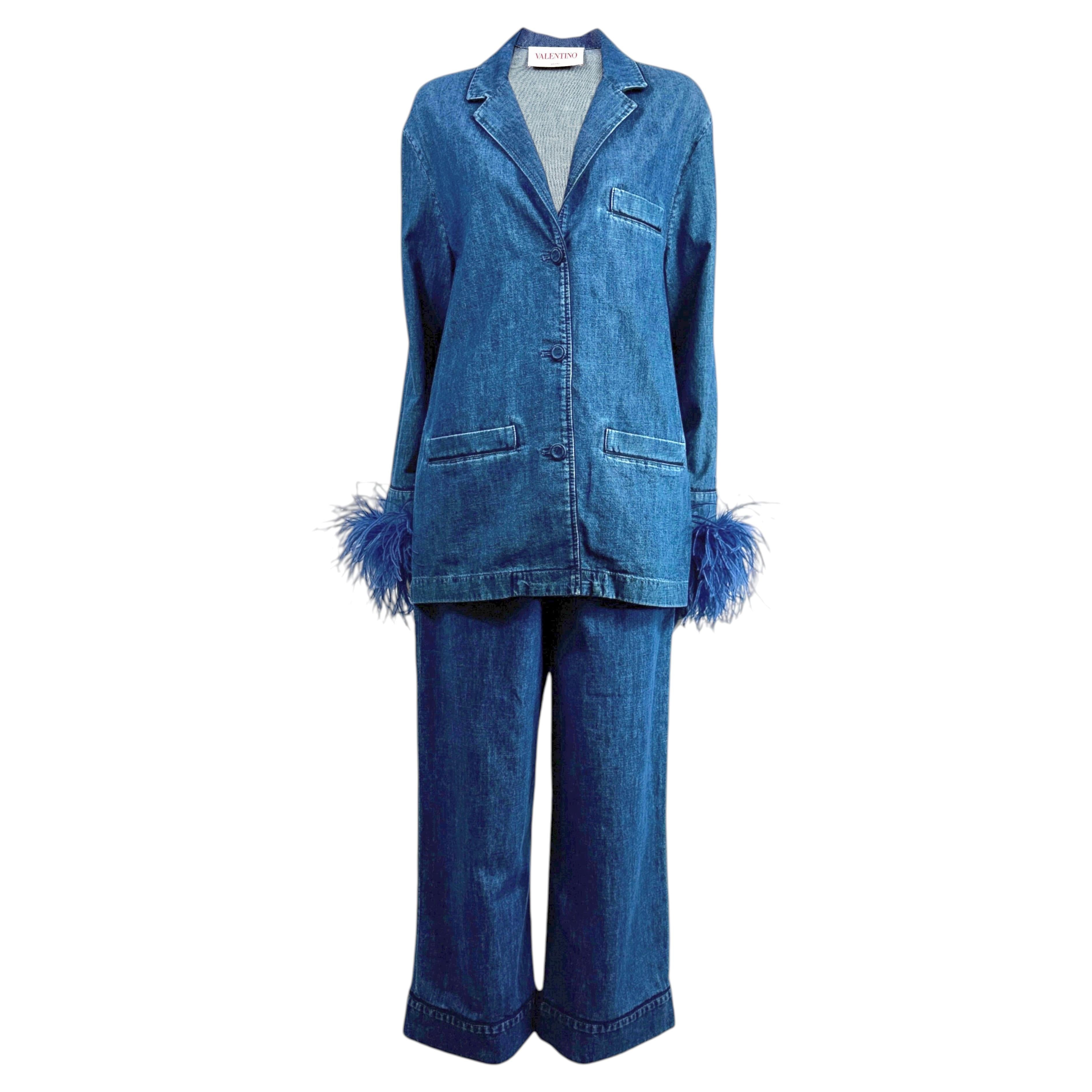 Valentino Pierpaolo Piccioli Resort 2023 Denim pant suits ostrich feathers For Sale