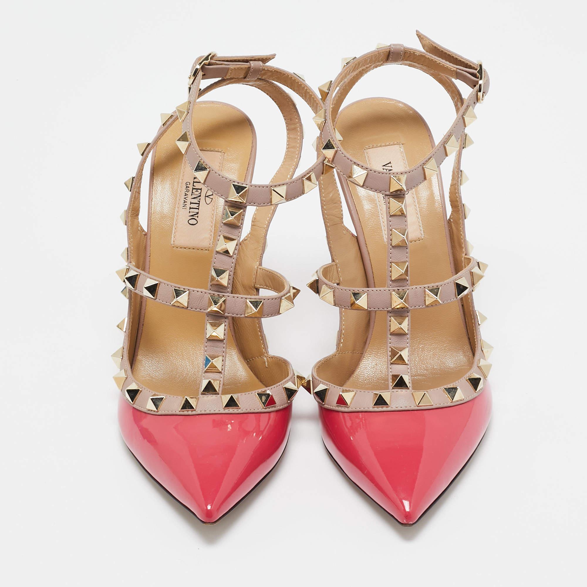 Marron Valentino escarpins Rockstud rose/beige en cuir verni et cuir verni, taille 36,5