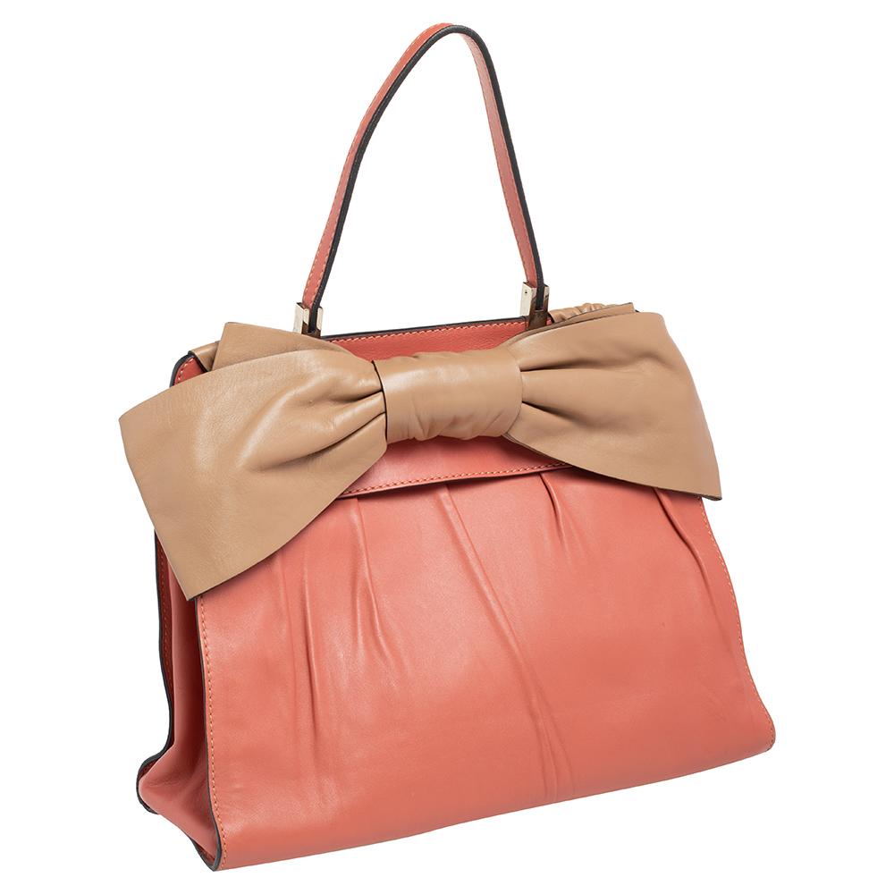 Orange Valentino Pink/Beige Leather Aphrodite Bow Top Handle Bag