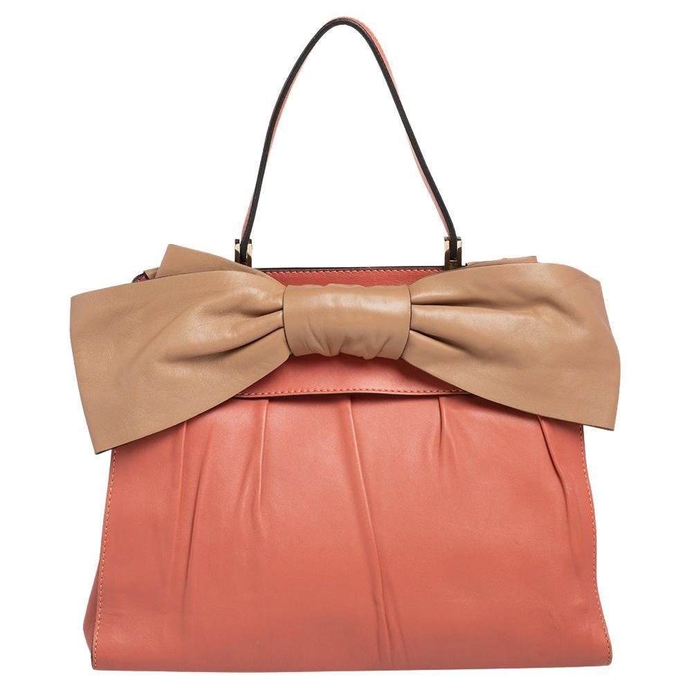 Valentino Pink/Beige Leather Aphrodite Bow Top Handle Bag