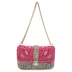 Valentino Pink/Beige Leather Medium Embellished Rockstud Glam Lock Flap Bag