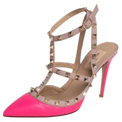 Valentino Pink/Beige Leather Rockstud Sandals Size 38.5