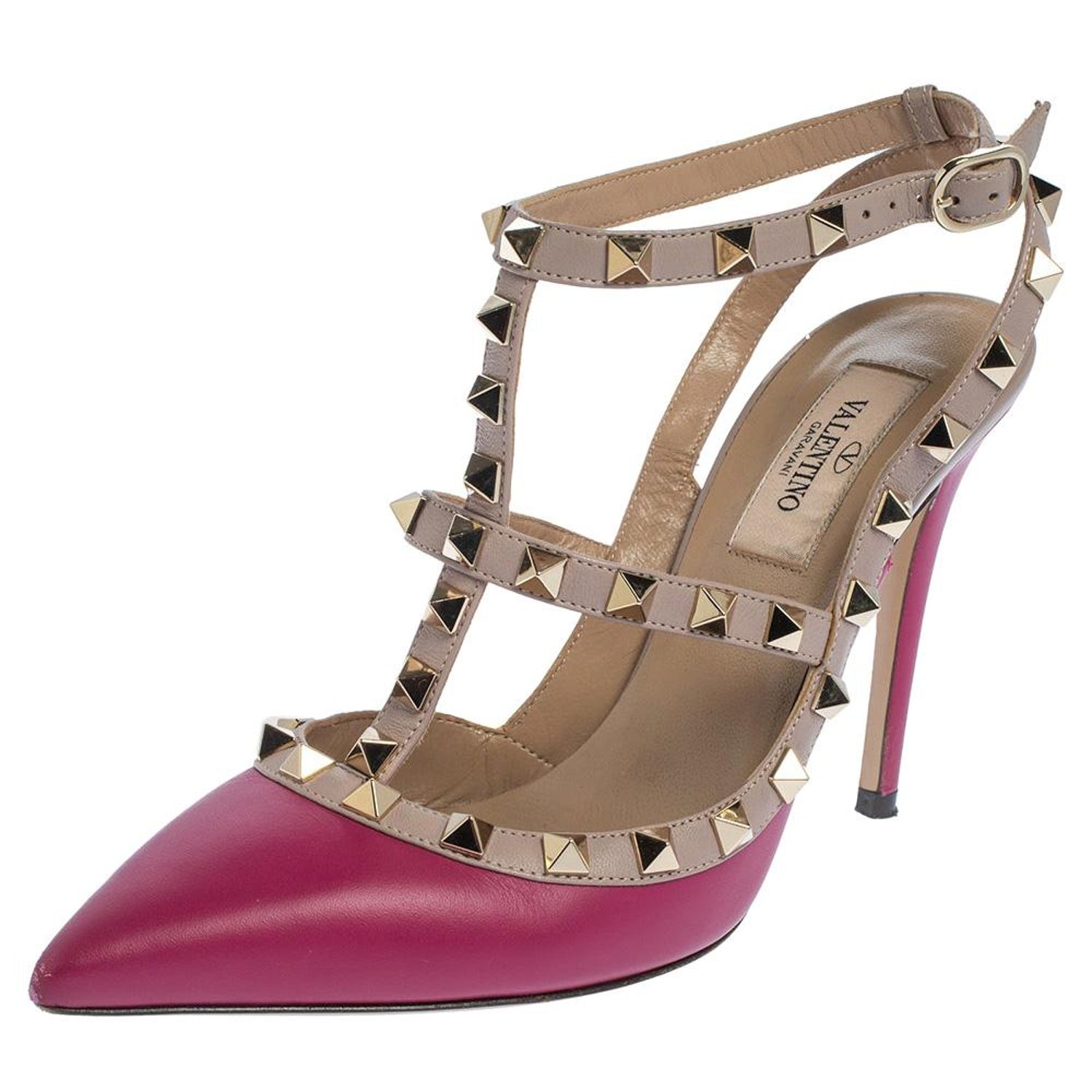Valentino Pink/Beige Leather Rockstud Strappy Pointed Toe Sandals Size 37  For Sale at 1stDibs
