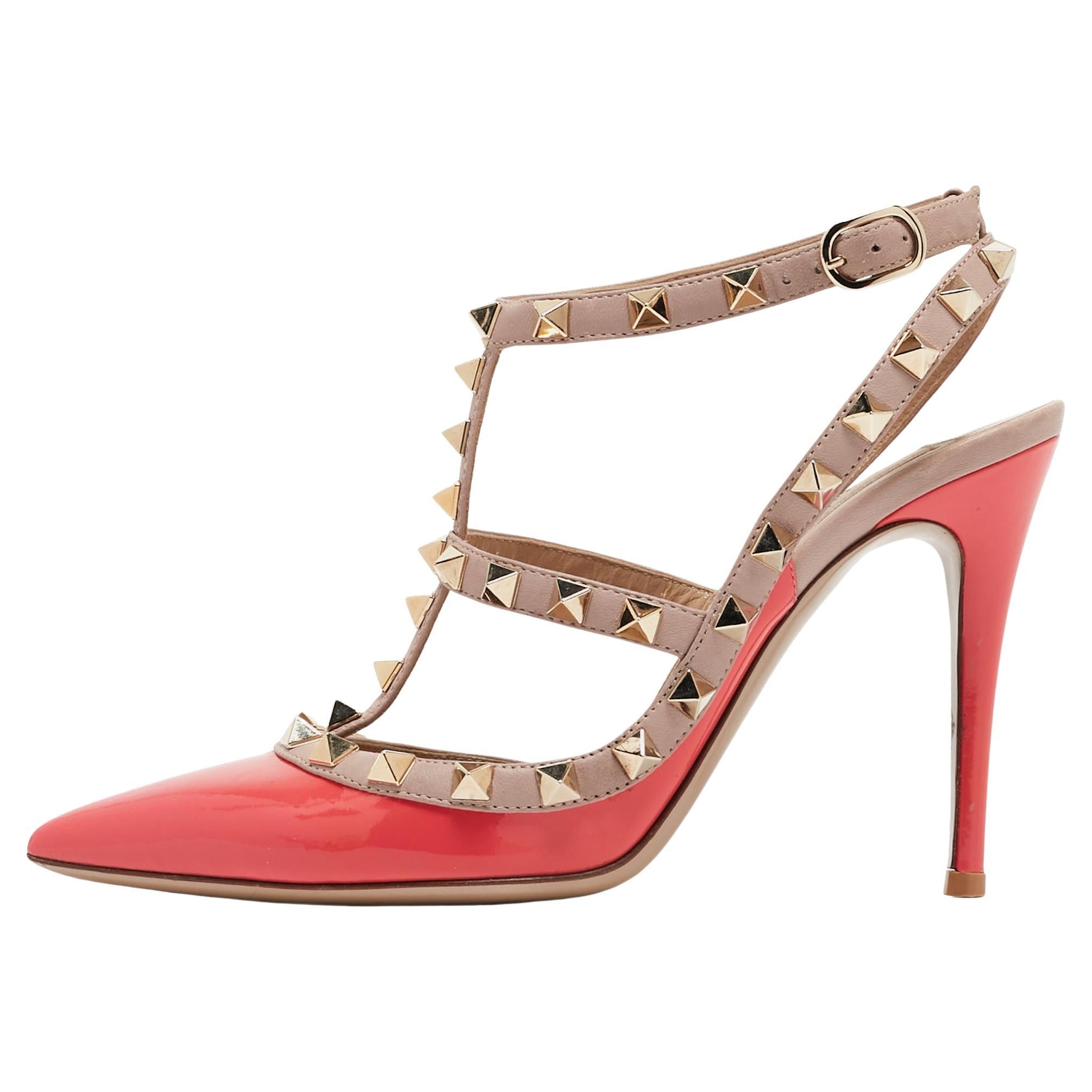 Valentino Pink/Beige Patent and Leather Rockstud Pumps Size 36 For Sale