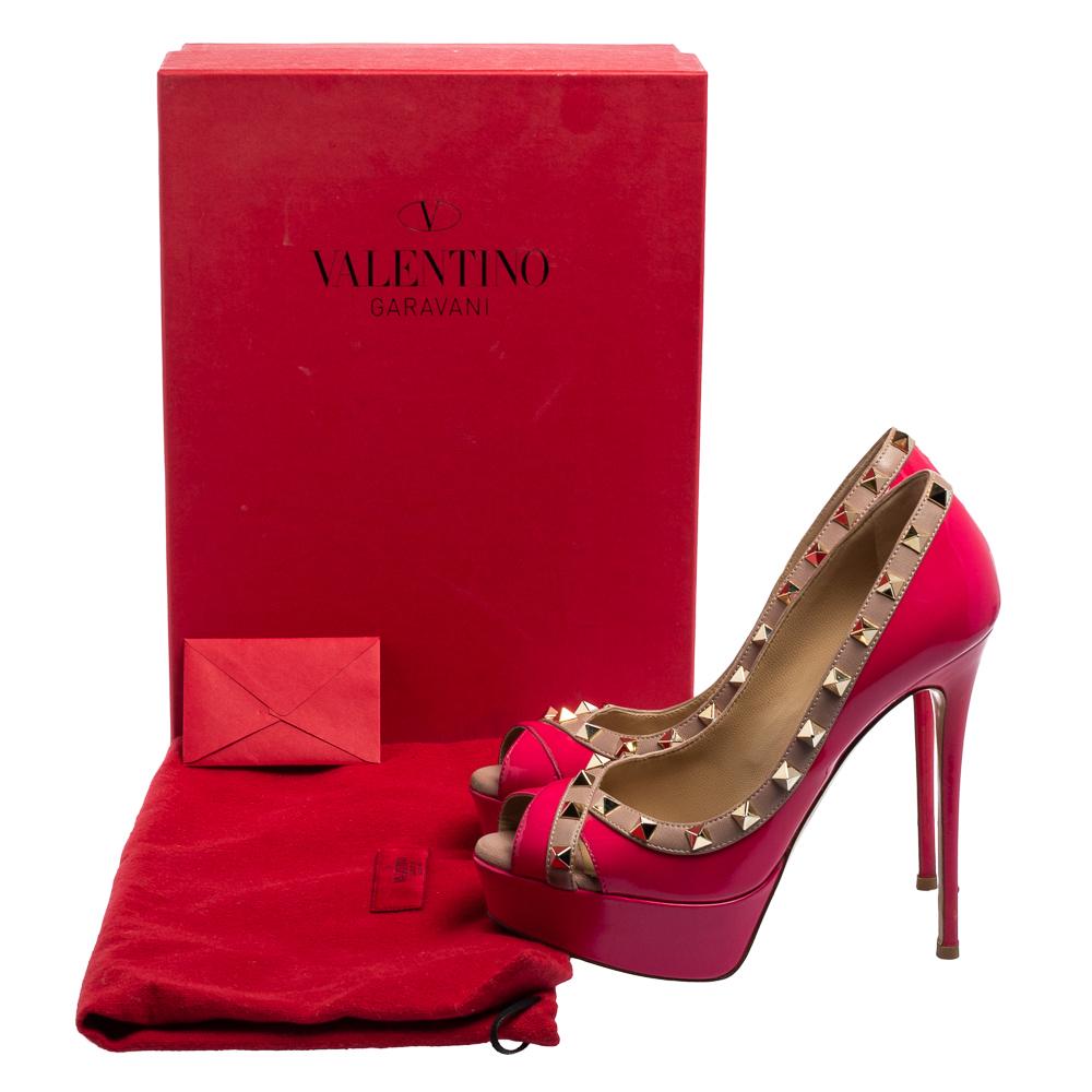 Valentino Pink/Beige Patent Leather Rockstud Crisscross Peep Toe Platform Pumps  For Sale 1