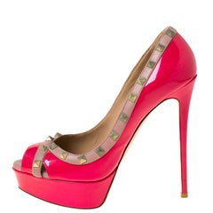 Valentino Pink/Beige Patent Leather Rockstud Peep Toe Platform Pumps Size 39.5