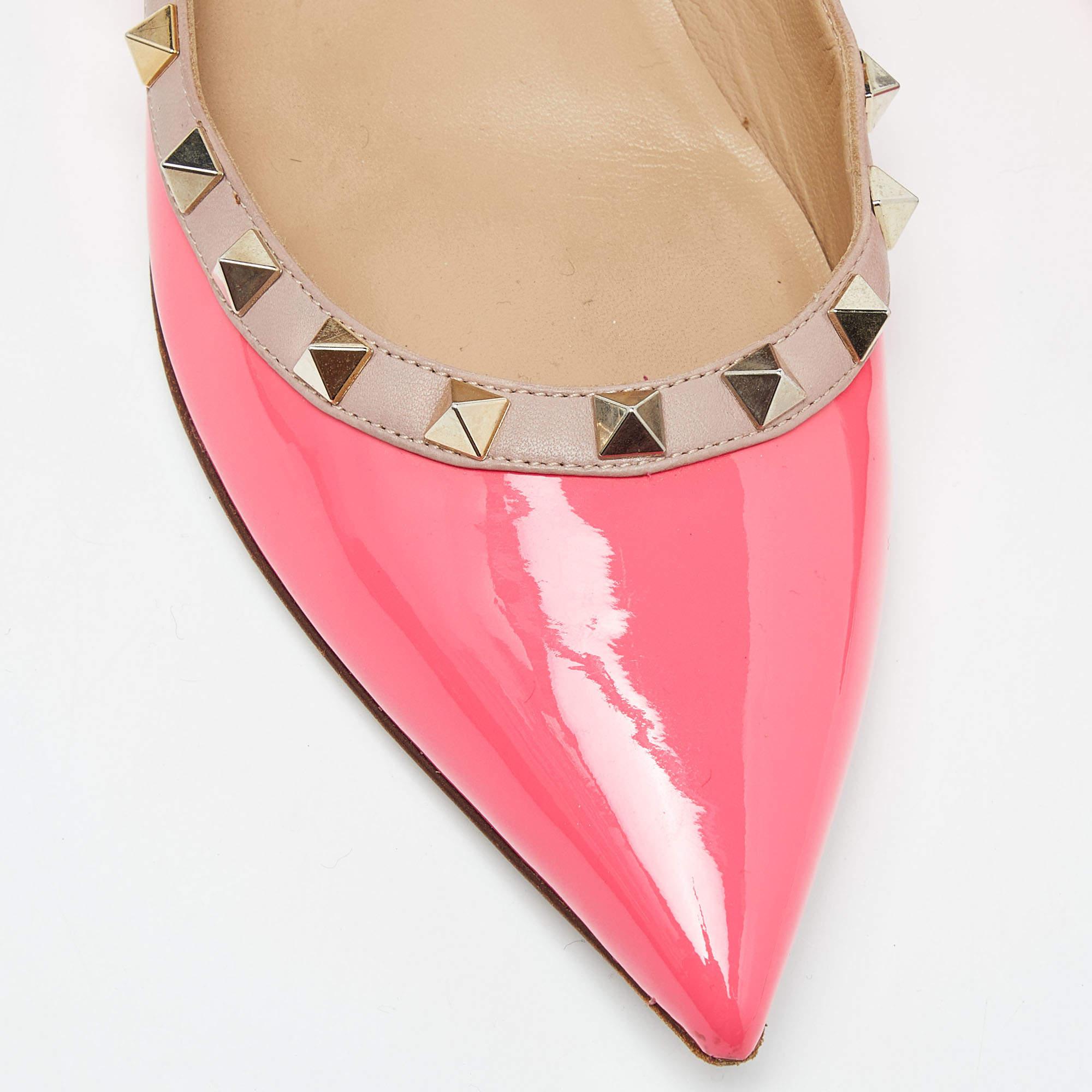 Valentino Pink/Beige Patent Leather Rockstud Pointed Toe Ballet Flats Size 40 For Sale 1