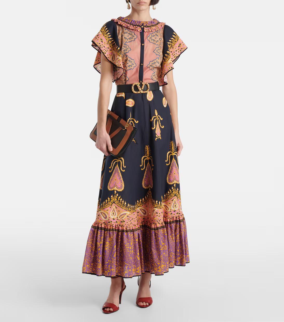 Valentino abito MAXI in cotone 2025 RUFFLED PAISLEY rosa e nero S in vendita 2