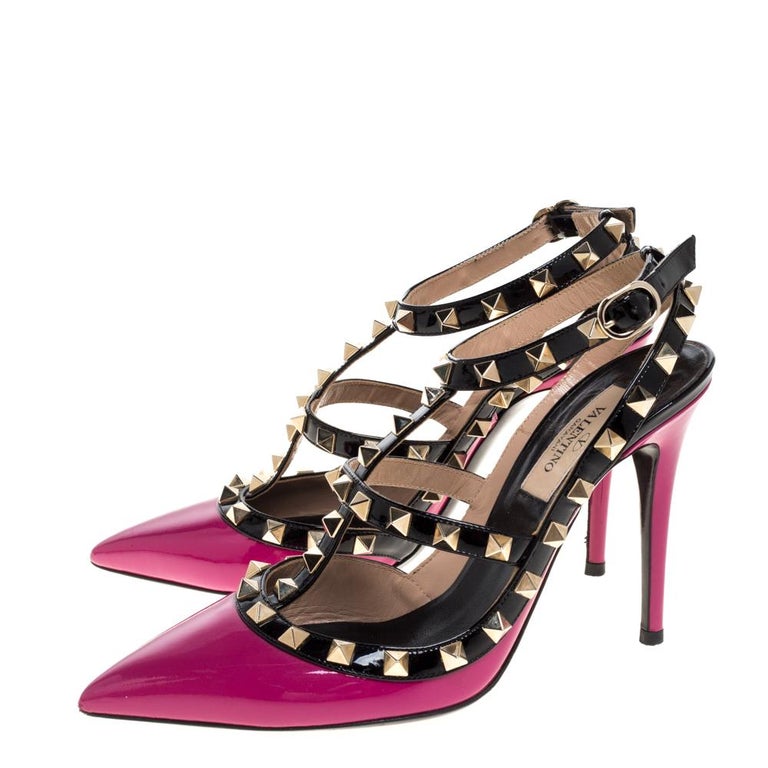 Valentino Pink/Black Patent Leather Rockstud Strappy Sandals Size 36.5 ...