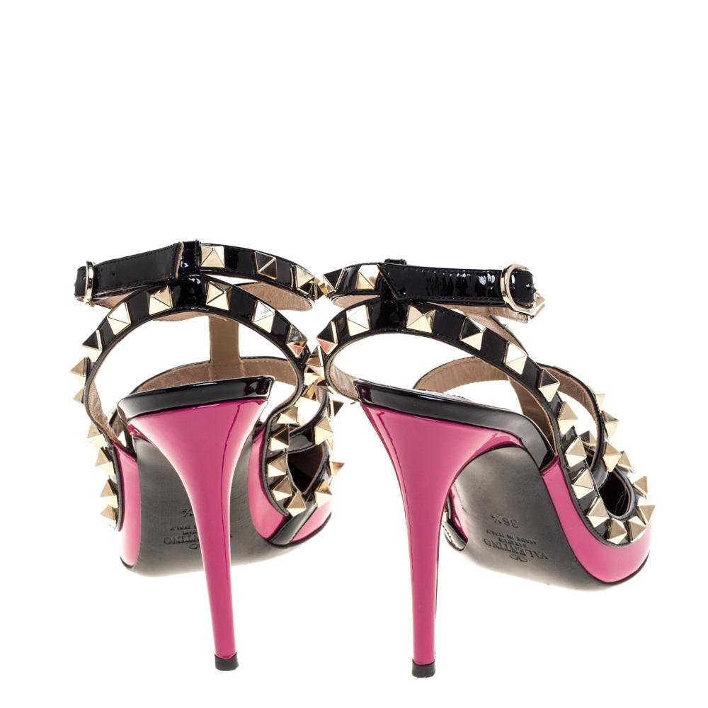 Valentino Pink/Black Patent Leather Rockstud Strappy Sandals Size 36.5 In Good Condition In Dubai, Al Qouz 2