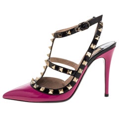 Valentino Pink/Black Patent Leather Rockstud Strappy Sandals Size 36.5