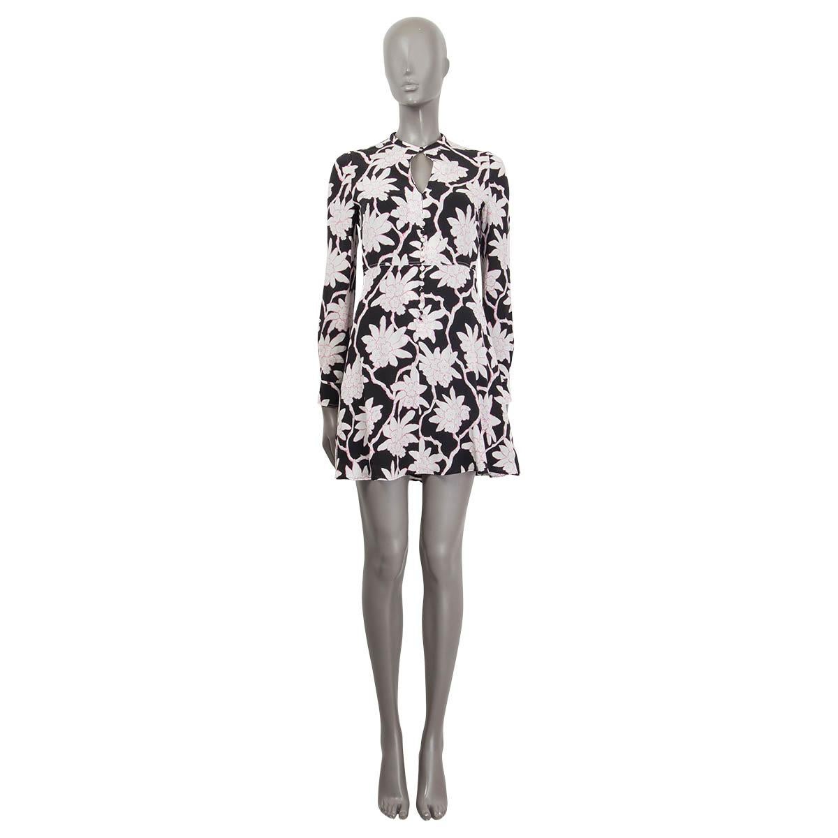 100% authentic Valentino 2018 keyhole dress in black, white and pink silk (100%). Features a rhododendron floral print, long sleeves and buttoned cuffs. Opens with one button on the front and a concealed zipper and hook at the back. Lined in black
