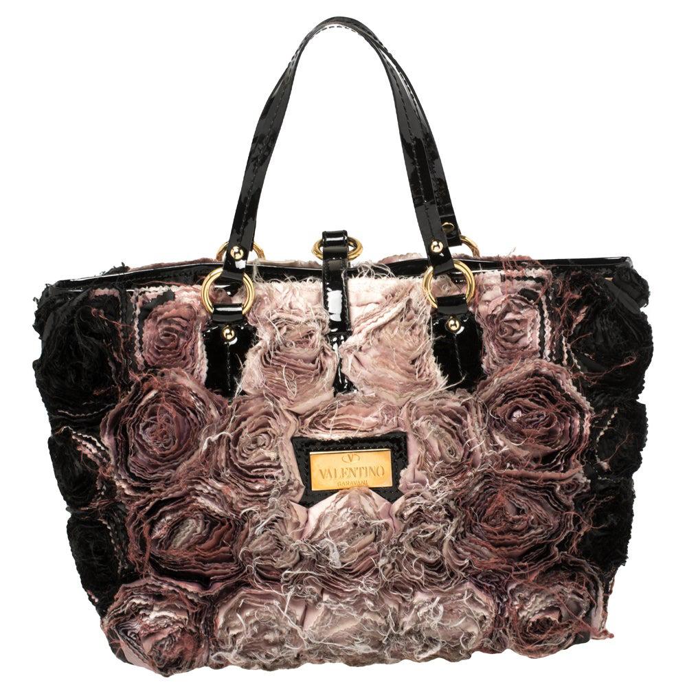 Valentino Pink/Black Silk Organza and Patent Leather Rosier Tote