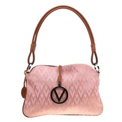 Valentino Pink/Brown Fabric and Leather Logo Charm Shoulder Bag