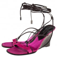 Valentino Pink/Brown Suede And Leather Wedge Ankle Wrap Sandals Size 39