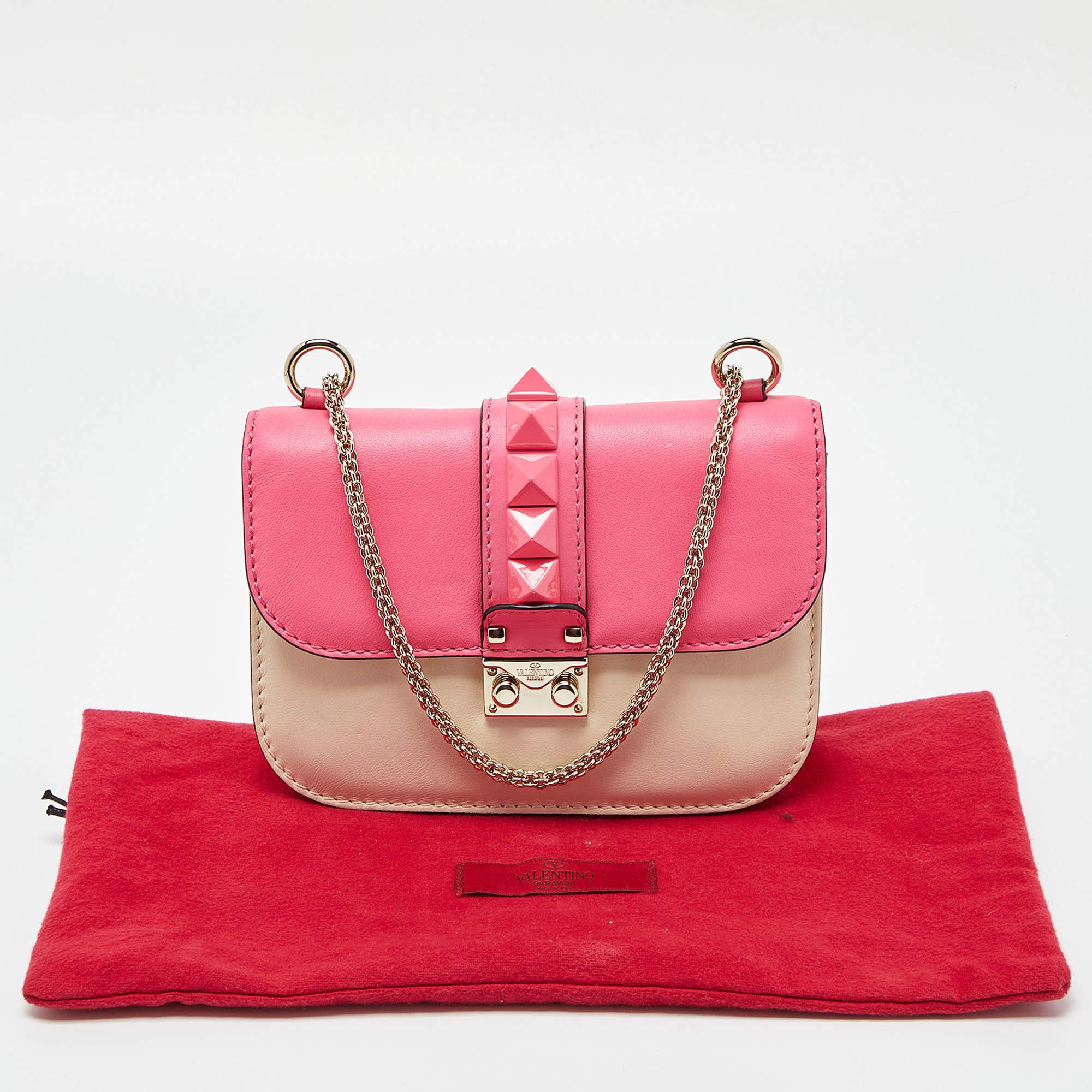 Valentino Pink/Cream Leather Small Rockstud Glam Lock Flap Bag 3