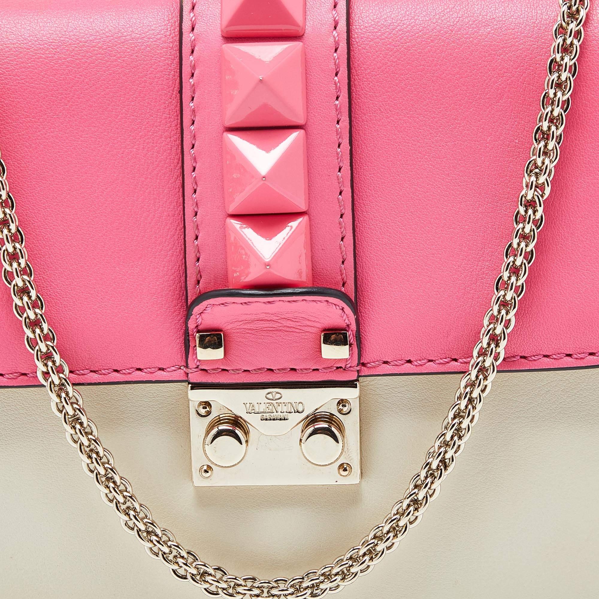 Valentino Pink/Cream Leather Small Rockstud Glam Lock Flap Bag 4