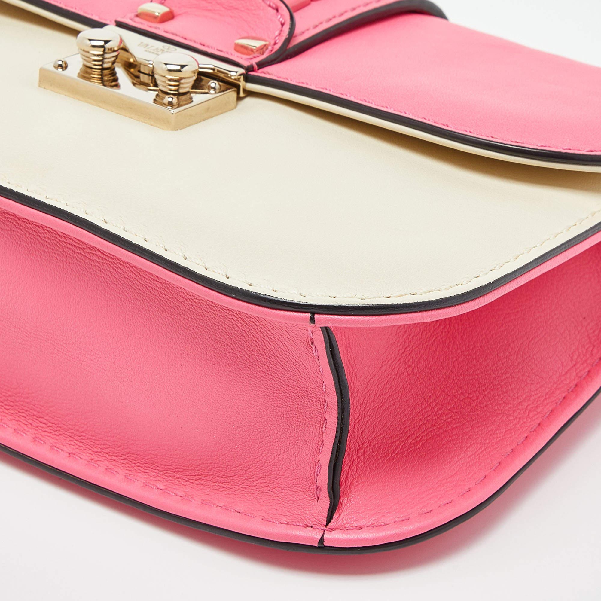Valentino Pink/Cream Leather Small Rockstud Glam Lock Flap Bag 2